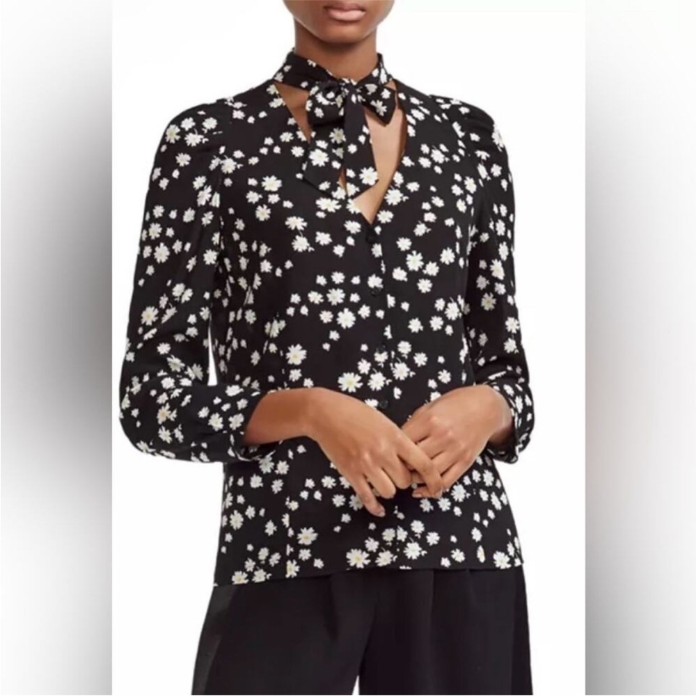 Maje Black Floral Tie-Neck Blouse - White Daisy Print